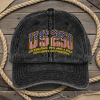 Black denim cap with '1123' design and text on a white background