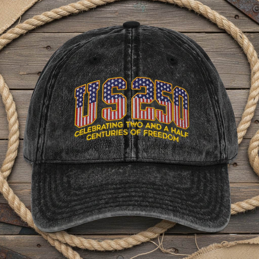Black denim cap with '1123' design and text on a white background