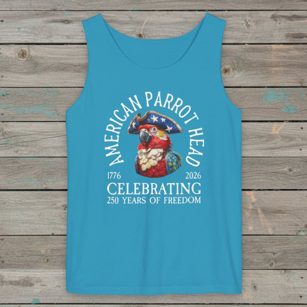 Blue tank top with 'American Parrot Head' design on a rustic wood  background