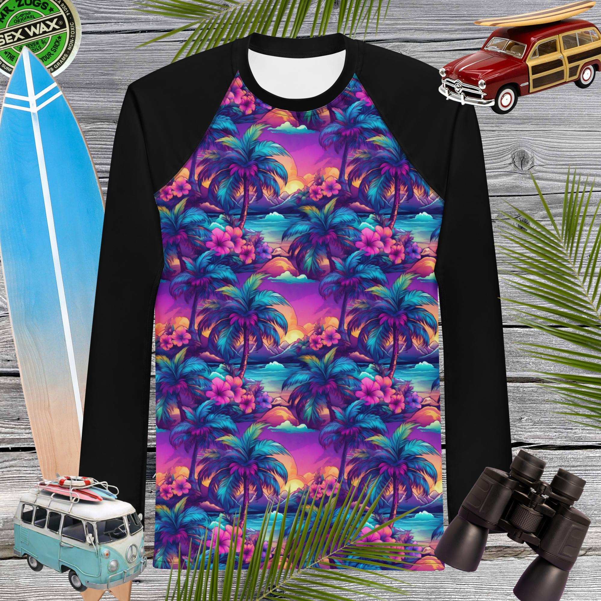 Blue Hawaiian Palm Print | Men's Rash Guard | UPF 50+ Rash Guards & Swim Shirts