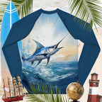 Blue rash guard back with a marlin design on a background with palm leaves, a ship, and a lighthouse.