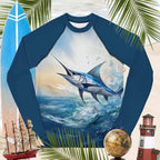 Long-sleeve rashie with marlin design on a beach-themed background