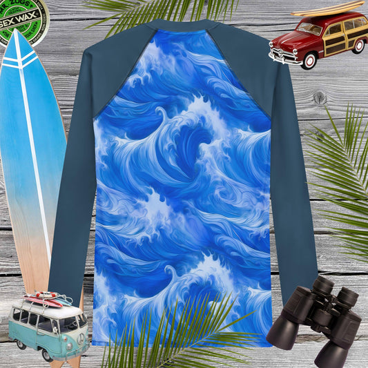 Blue Rashie | Ocean Wave Pattern | Men's 🤙 Rash Guard