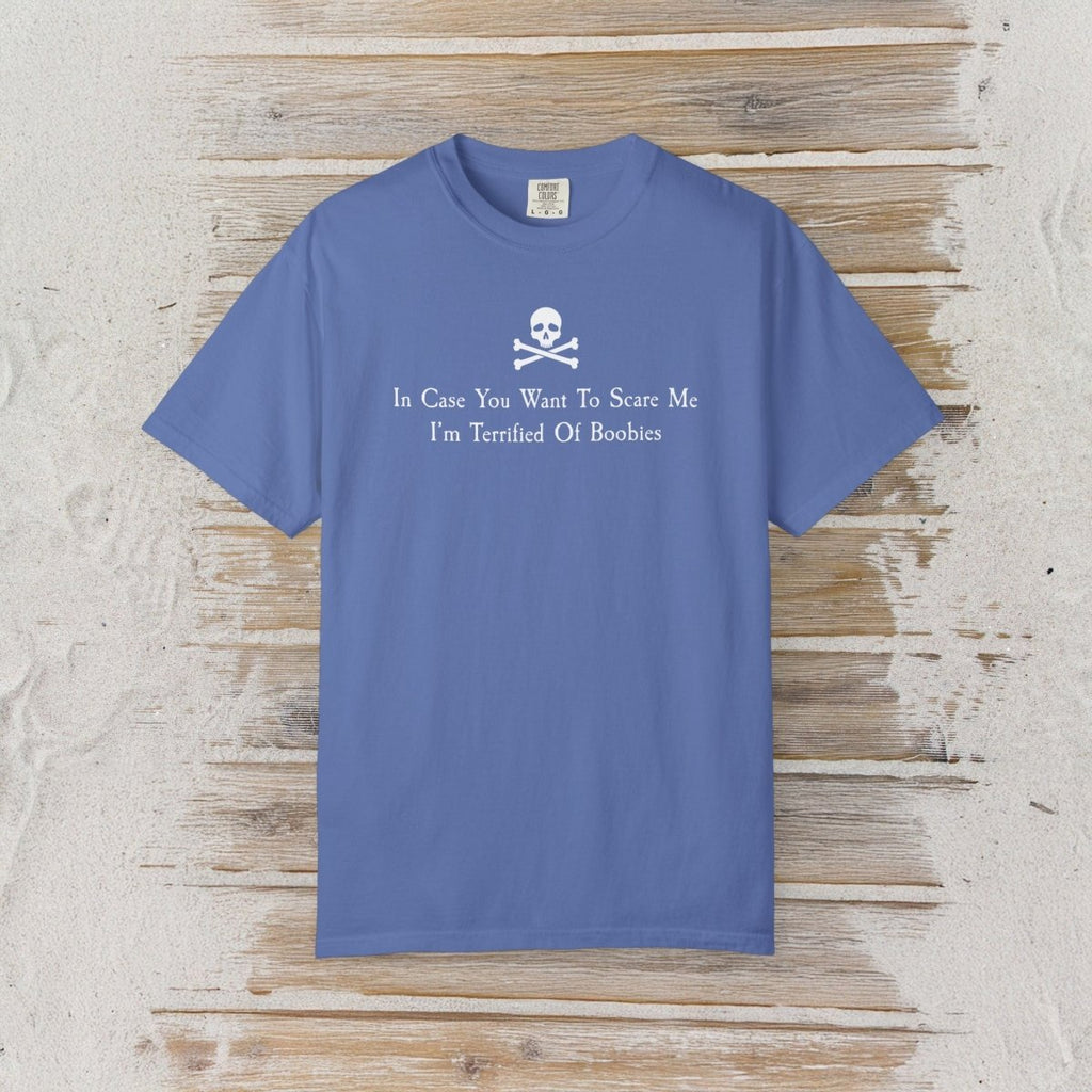 A blue short-sleeve crewneck t-shirt with a white skull and crossbones graphic and the text 'In Case You Want To Scare Me I'm Terrified Of Boobies' printed on the chest, displayed flat on a rustic wooden plank background.