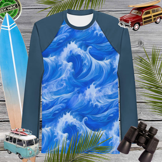 Blue Rashie | Ocean Wave Pattern | Men's 🤙 Rash Guard