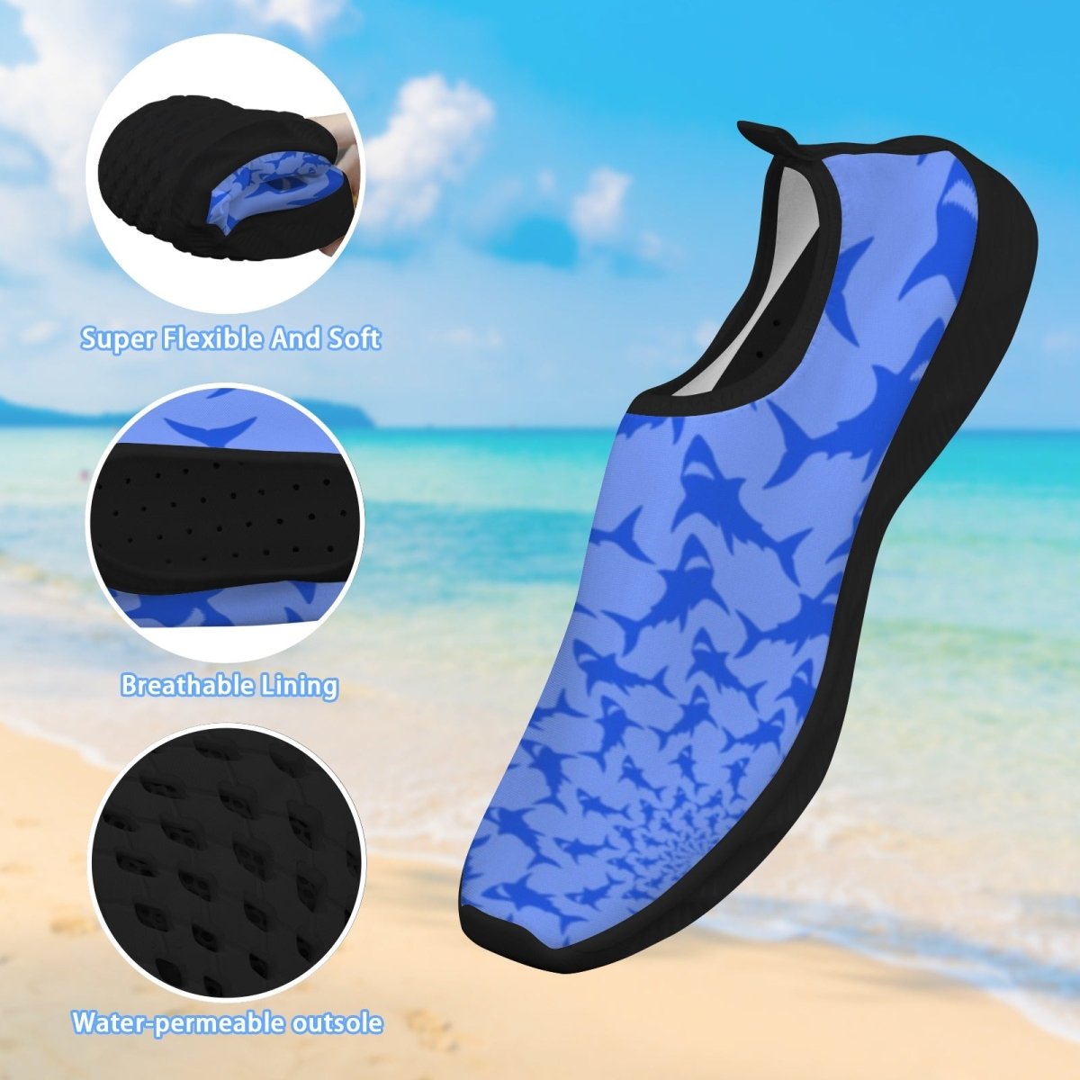 Blue and black shark-patterned water shoes shown on a beach background with three circular detail callouts highlighting flexibility, breathable lining, and water-permeable outsole.