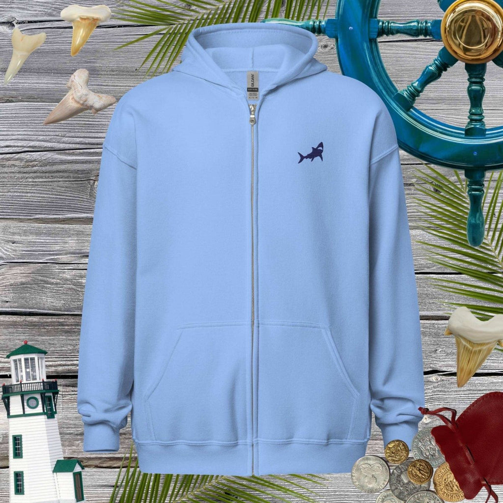 Light blue zip hoodie with shark design on a decorative background with lighthouse, shark fins, and coins.
