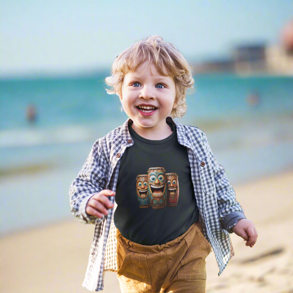 Child wearing a shirt with cartoon characters outdoors