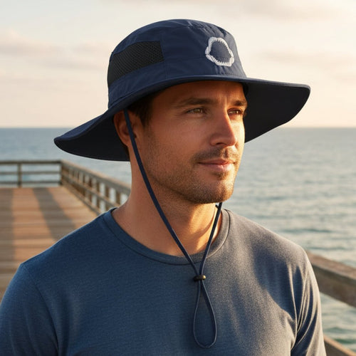 Dude standing on a fishing pier wearing Embroidered Shark Jaws on Boonie Hat