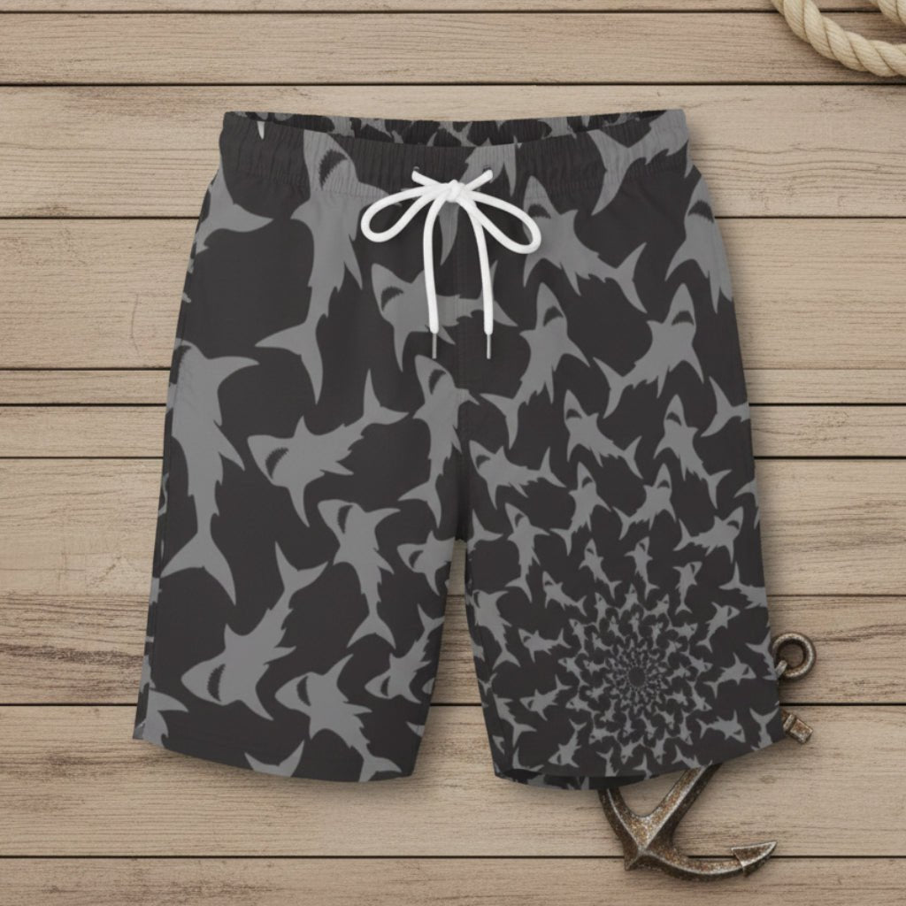 Shark - patterned shorts with a white drawstring on a nautical wood background