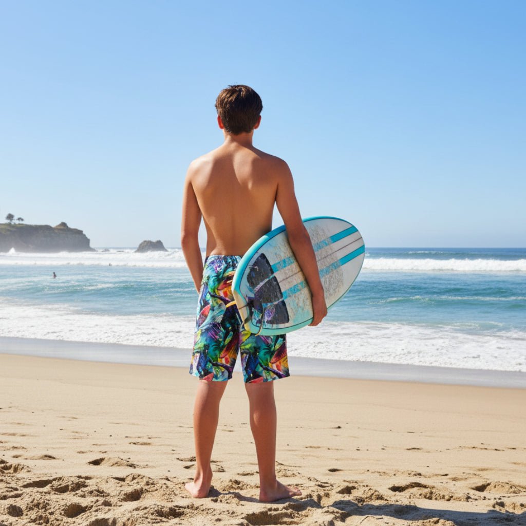 teenage surfer dude holding a surfboard standing on La Jolla Beach