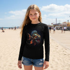 A young girl stands on a Brighton Beach wearing a black long-sleeve Pet Piranha rash guard with a colorful mechanical angry fish graphic on the front, paired with blue denim shorts.