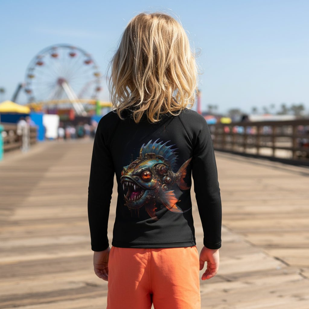 A child standing on Brighton Beach Boardwalk, viewed from behind, wearing a black long-sleeve rash guard with a large colorful fish graphic on the back and bright orange pants.