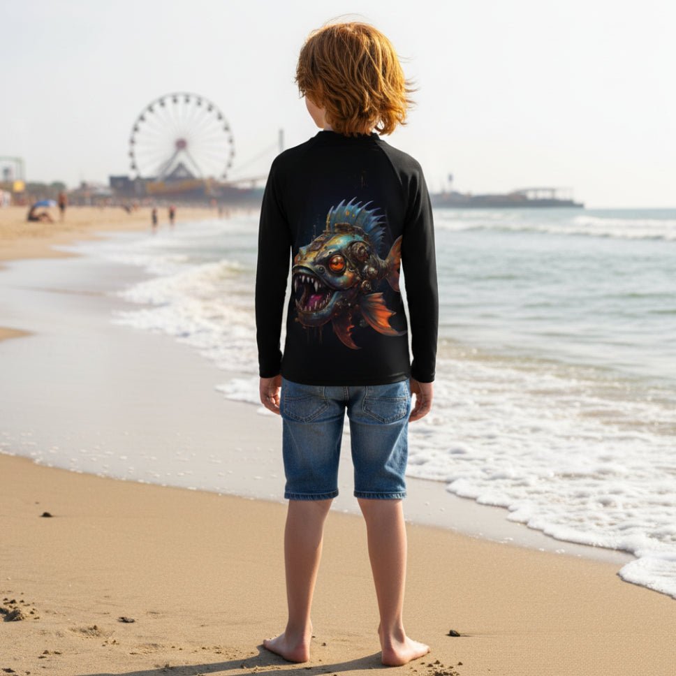 A child standing on Brighton Beach in Brooklyn, facing the ocean, wearing a black long-sleeve sun rashie with a large colorful fish graphic on the back and blue denim shorts.