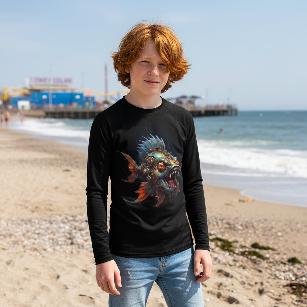 A young man with red hair stands on Brighton Beach wearing a black long-sleeve t-shirt with a colorful graphic of a spiky fish on the front, paired with light blue jeans.