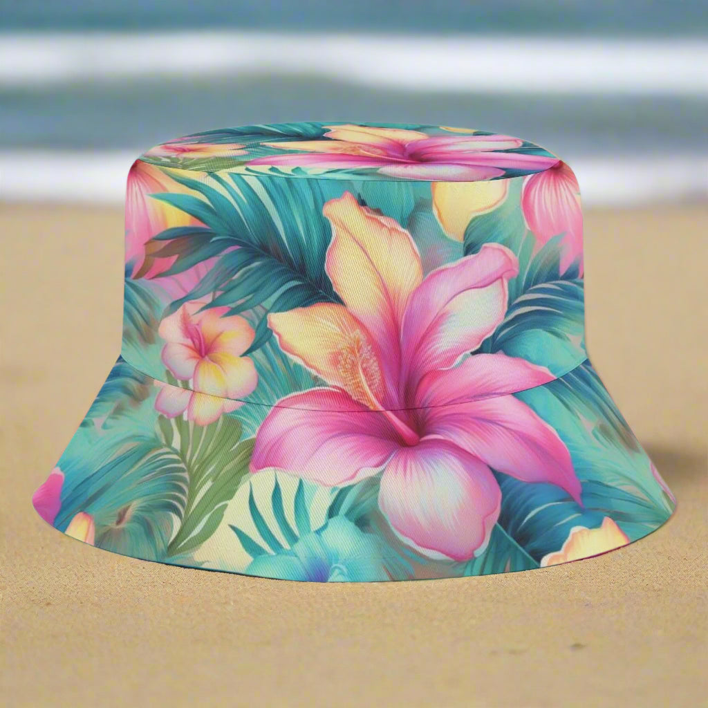 Colorful bucket hat with tropical floral design on a beach in Waikiki