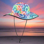 Colorful tie-dye bucket hat on a beachy background