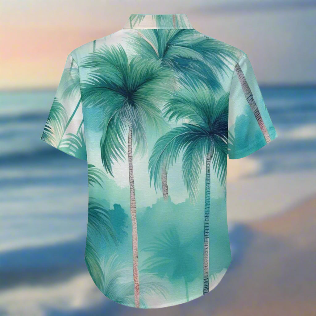 Short-sleeve button up Hawaiian shirt with palm tree pattern on a beach background