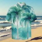 Short-sleeve button up Hawaiian shirt with palm tree pattern on a beach background