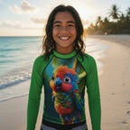A smiling tween boy standing on a sandy beach in the Caribbean Virgin Islands at sunset wearing a green long-sleeve rash guard with a large colorful parrot graphic on the front.