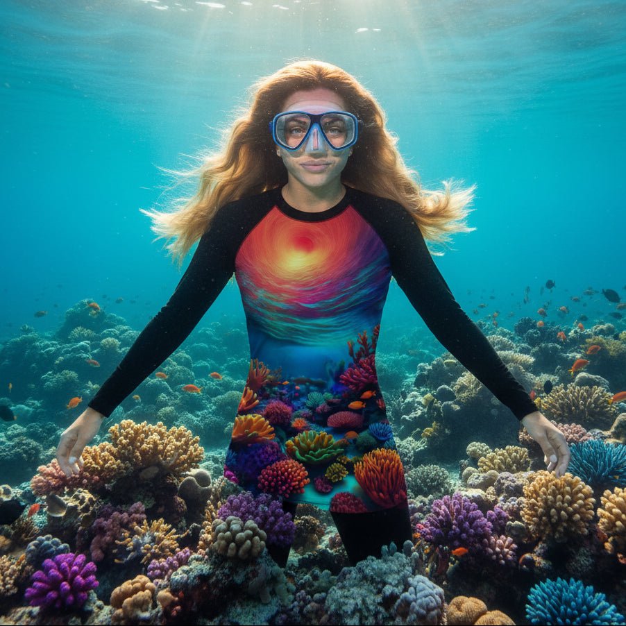 A woman underwater wearing a long-sleeve rash guard with a colorful coral reef and sunset print, surrounded by marine life and coral.