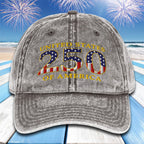 Gray cap with 'United States 250 of America' text and American flag design on a beach with fireworks background
