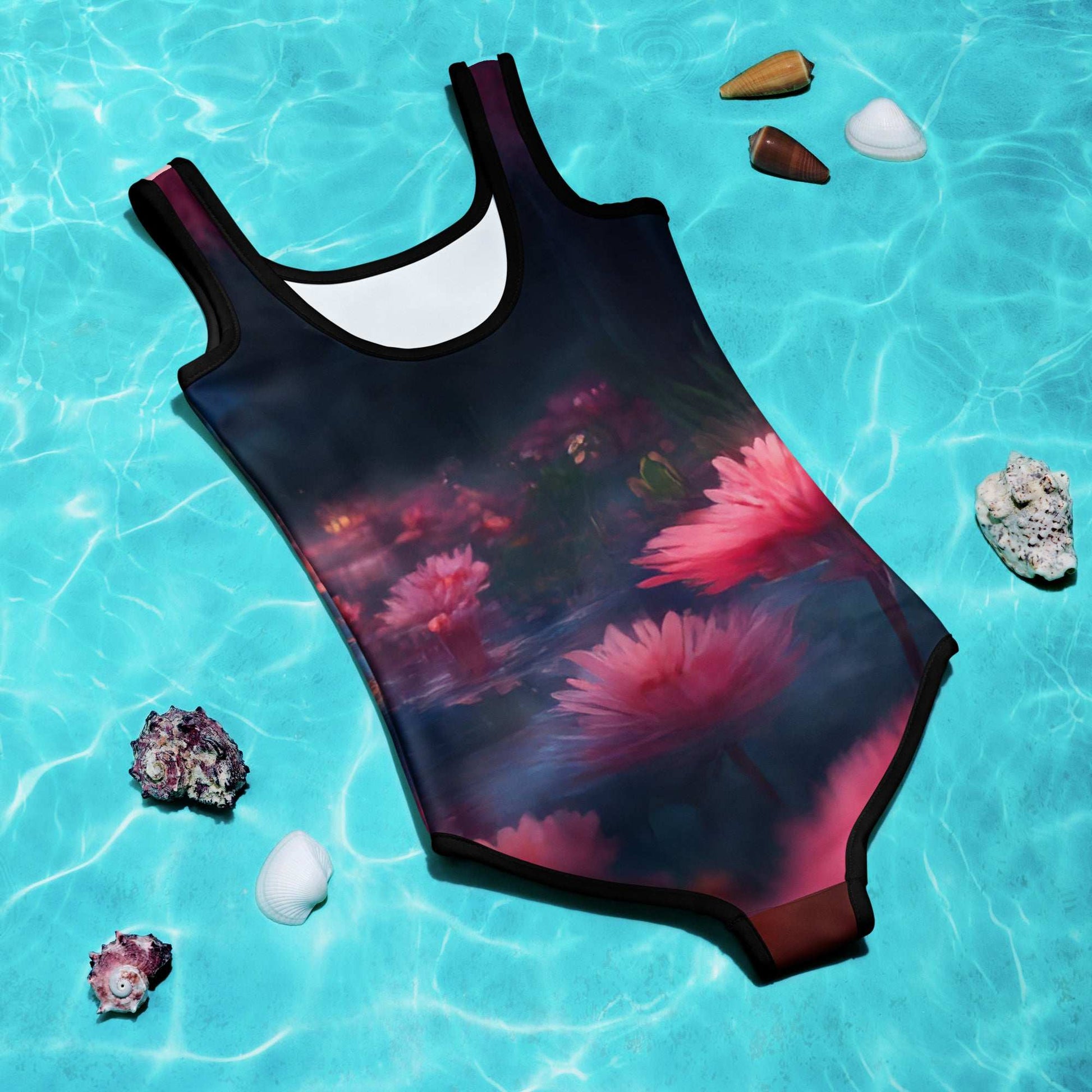 Back of cute flamingo one piece swimsuit with water and seashell in the backgournd