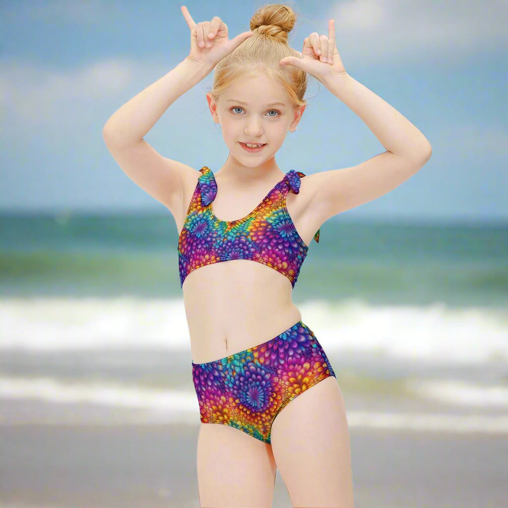 Young girl wearing a colorful swimsuit on Cocoa Beach