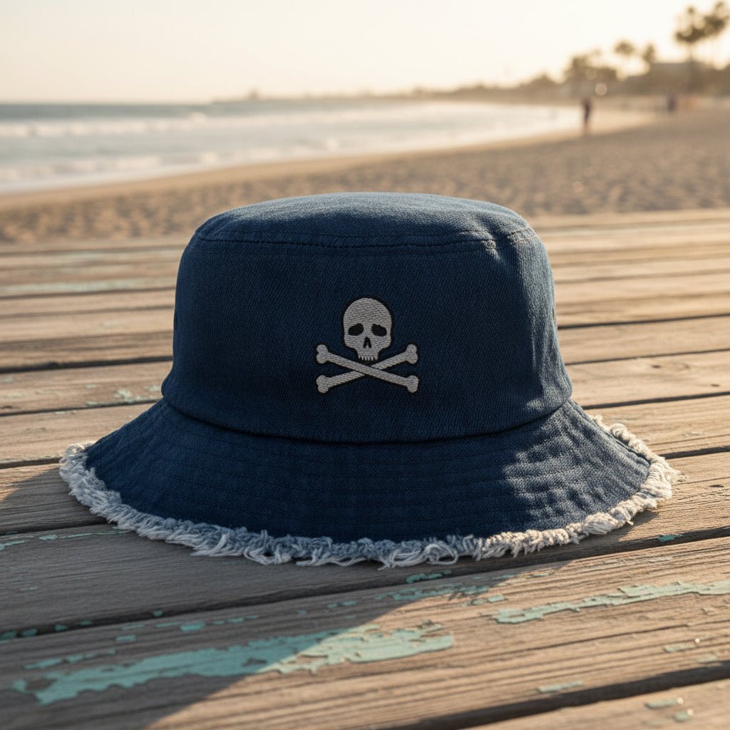 A dark blue denim bucket hat with a distressed frayed brim and an embroidered skull and crossbones on the front, displayed on a rustic, weathered boardwalk