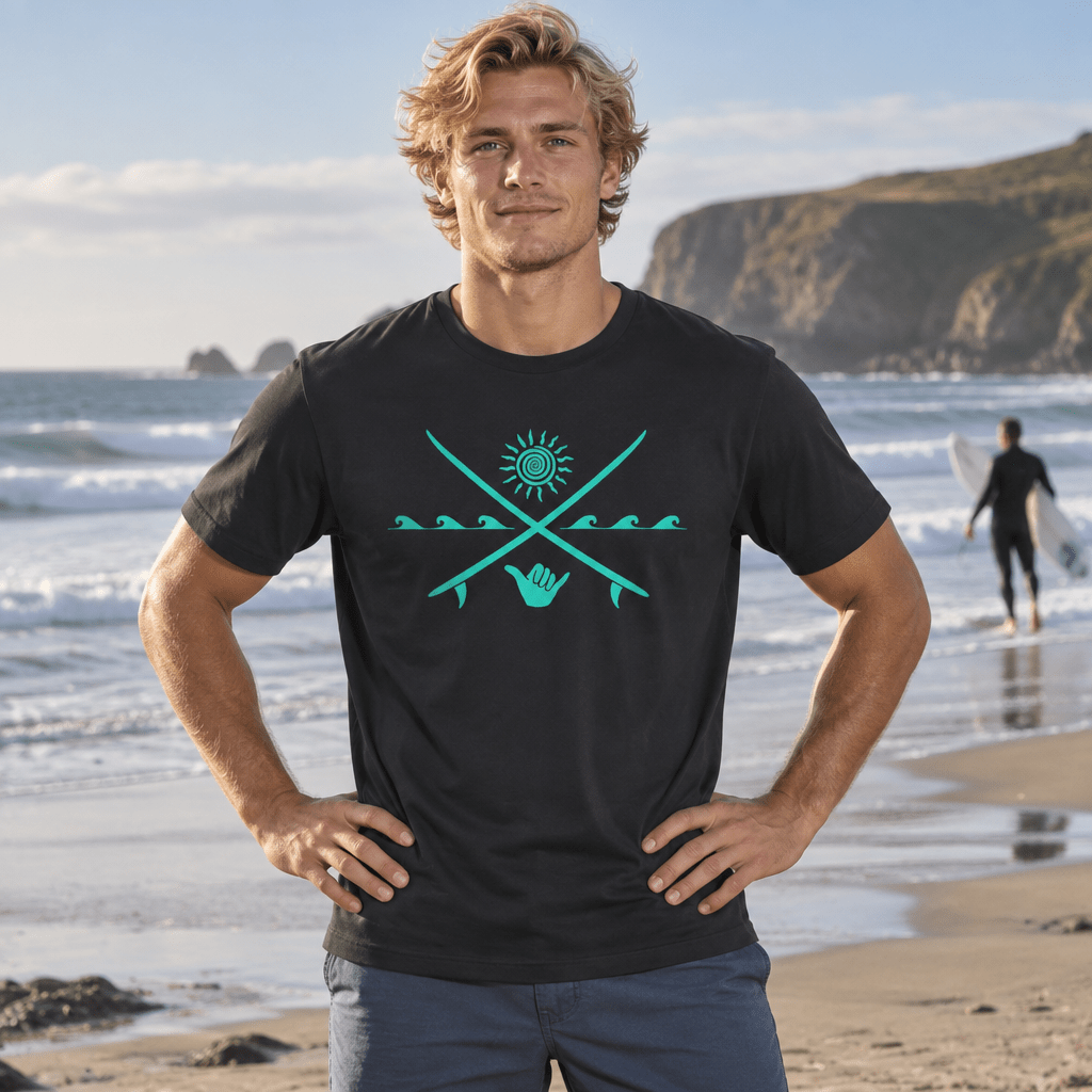 A man standing on a beach wearing a black t-shirt with a turquoise graphic of crossed swords, a sun, and a hand symbol. The background shows ocean waves, cliffs, and another surfer in the distance.