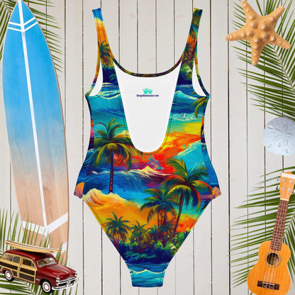 Vibrant Hawaiian print one-piece women's swimsuit with a scoop neckline and beach accessories in the background.