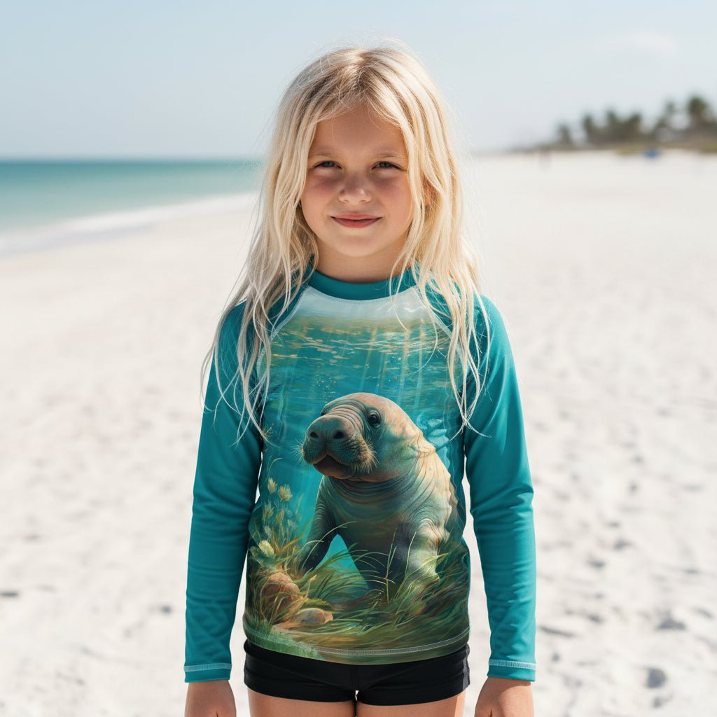 A young girl with long blonde hair stands on Clearwater Beach wearing a teal long-sleeve swim shirt featuring a large printed manatee graphic on the front, paired with black swim trunks.