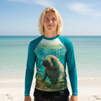 Dude wearing a long-sleeve raglan beach rashie with teal sleeves and collar, featuring a large front graphic print of a sea otter underwater with sea grass and light rays on Clearwater Beach