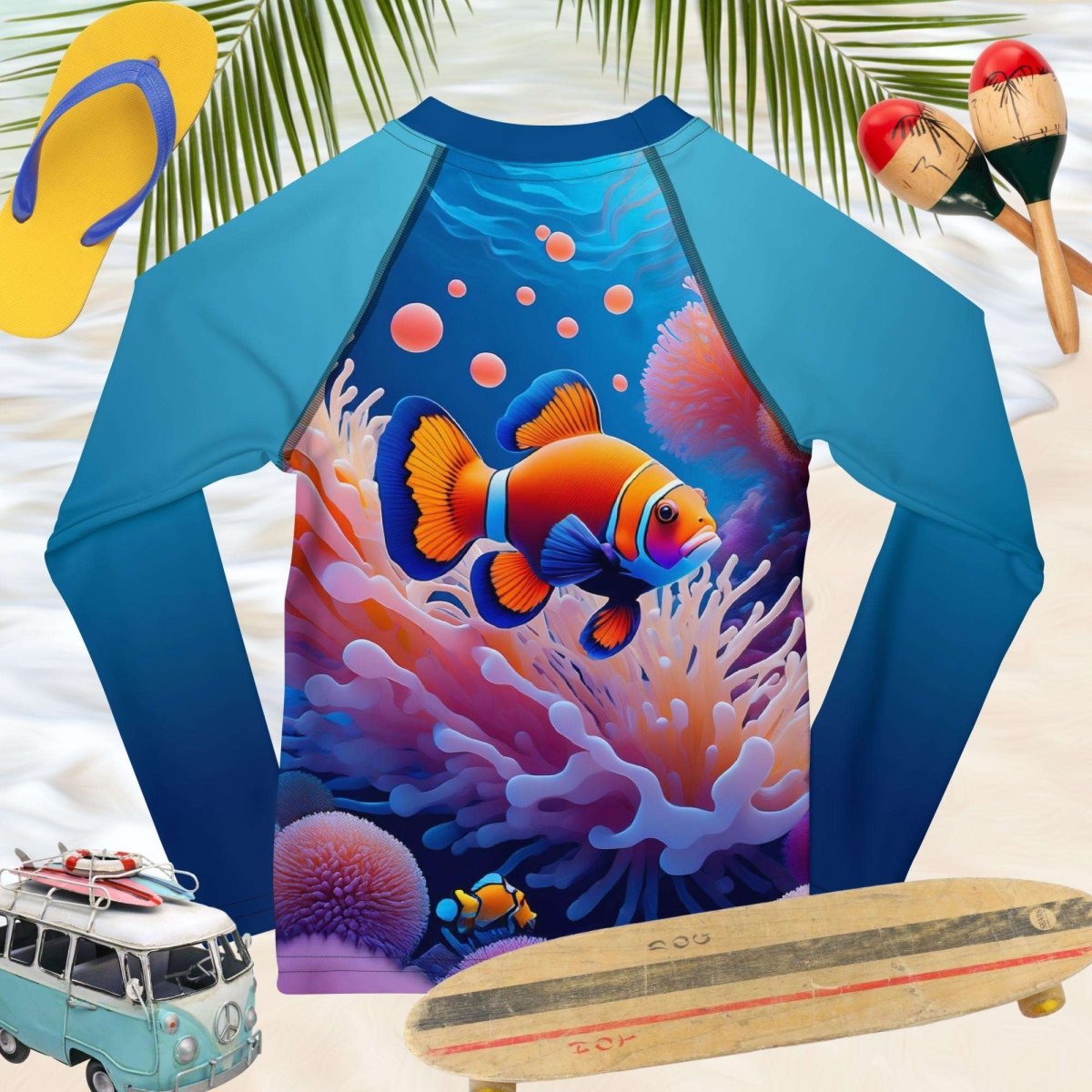 Children's swimsuit with clownfish design on a beach-themed background