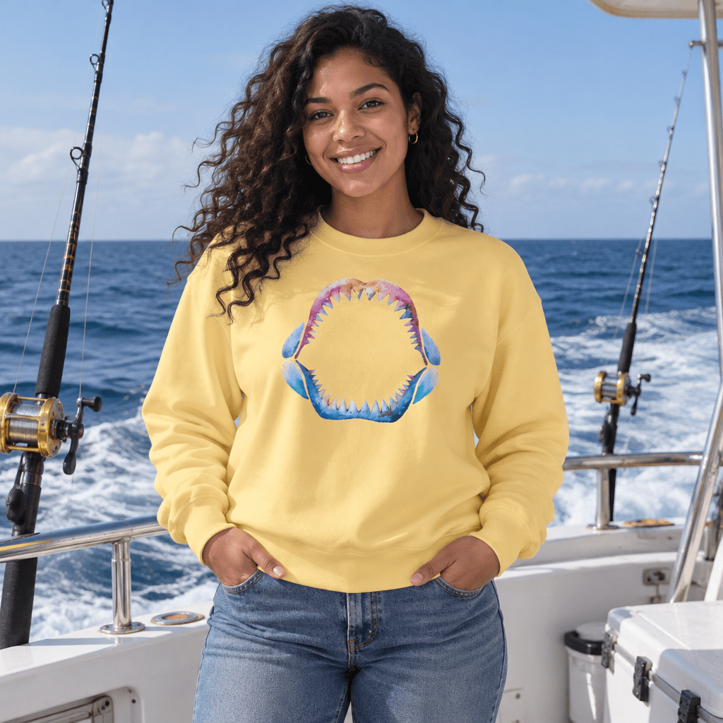A woman with curly hair stands on a boat wearing a pale yellow sweatshirt with a colorful shark teeth graphic on the front, paired with blue jeans. Fishing rods and the ocean are visible in the background.