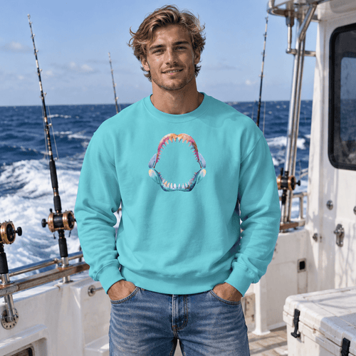 A man wearing a turquoise crewneck sweatshirt with a colorful shark Jaws graphic on the chest, standing on a boat deck with the ocean in the background.