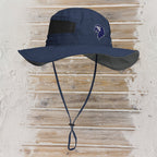 Navy blue sun hat with a logo on a wooden surface