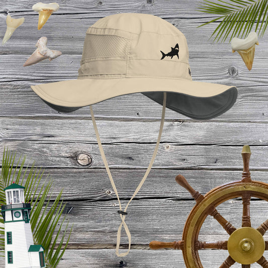 Cool Fossil colored Columbia Boony hat with shark embroidered on front