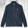 A dark navy blue fleece zip-up jacket with a stand-up collar, featuring a small grey seahorse embroidered on the left chest and a small white Columbia logo on the right sleeve, displayed flat against a white wood plank background with a palm leaf pattern.