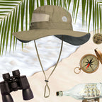 Sage Sand Dollar Booney Hat by Columbia surrounded by icons of adventure