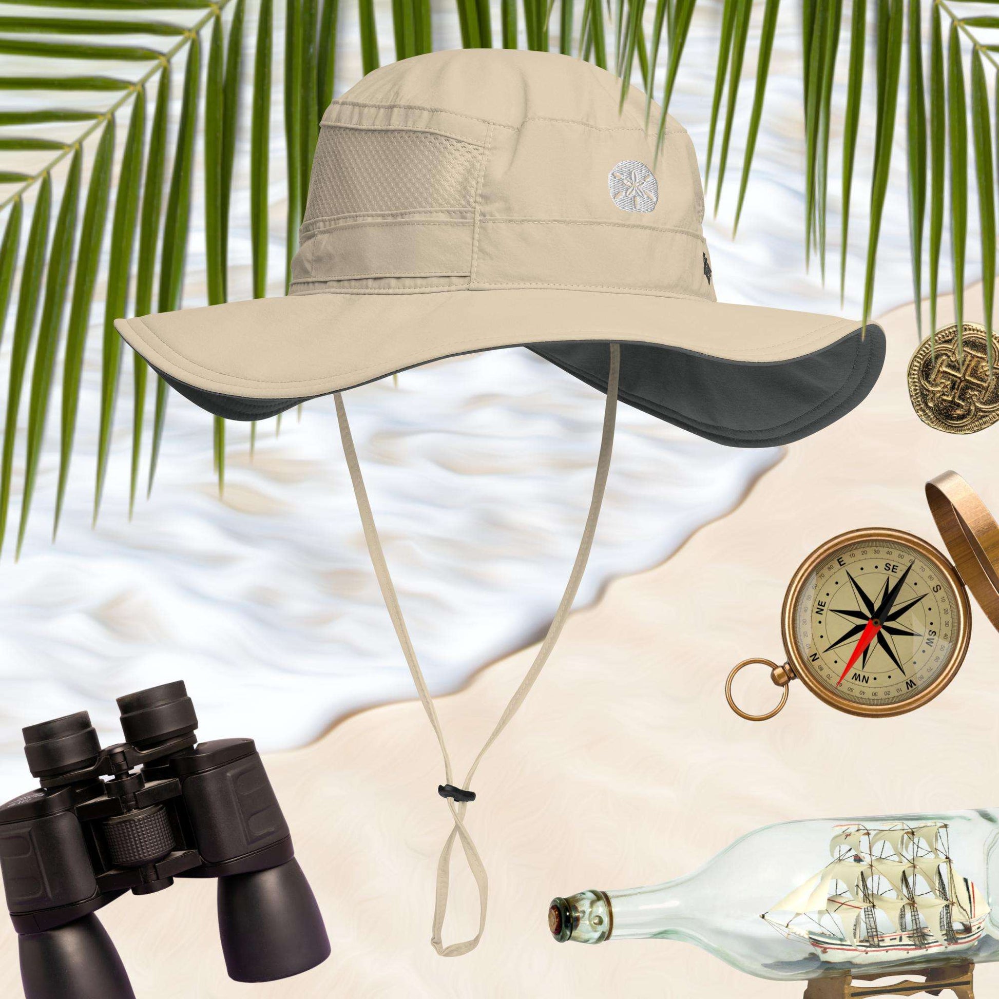 Fossil Sand Dollar Booney Hat by Columbia surrounded by icons of adventure