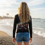 A Teen girl with long wavy blonde hair stands on a Brighton Beach facing Coney Island, wearing a black long-sleeve rash guard with a large colorful monster graphic on the back and blue denim shorts.