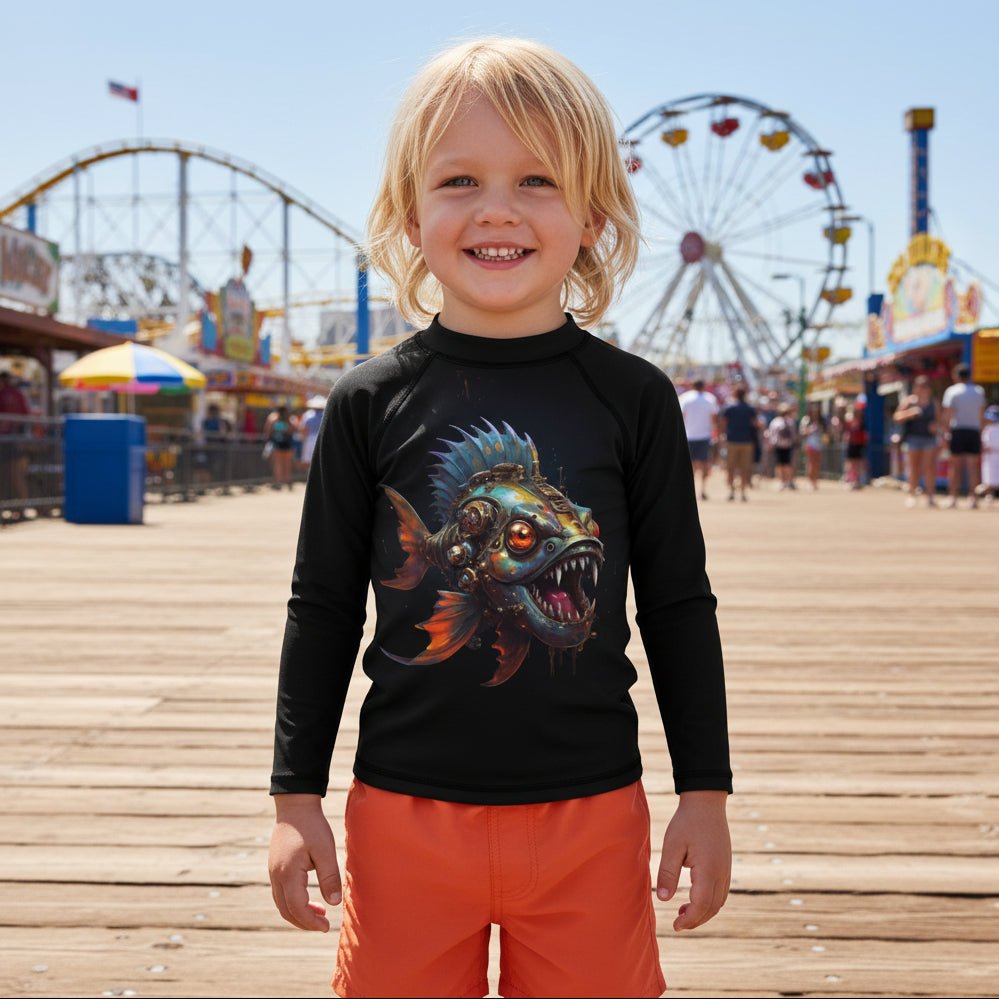 A young blonde child standing on a wooden boardwalk at Coney Island, wearing a black long-sleeve rash guard with a large colorful fish graphic on the front and bright orange swim trunks. Ferris wheels and carnival rides are visible in the background.
