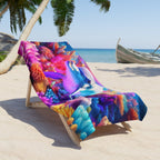 A colorful beach towel featuring a vibrant coral reef and blue tropical fish print, draped over a wooden lounge chair on a sandy beach with palm trees and the ocean in the background.
