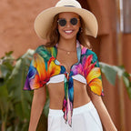 Swimwear model wearing Hawaiian style cover up in Honolulu
