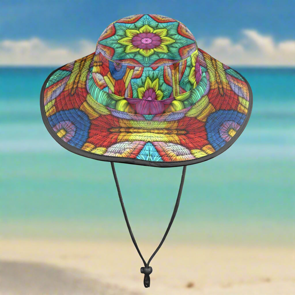 Colorful crochet print pattern on a wide brim bucket hat on a beachy background
