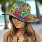 Colorful floral-patterned bucket hat worn by a model in Key West