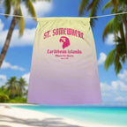 Gradient Summer Tube Top with 'St. Somewhere' and 'Caribbean Islands' parrot head logo hanging on a line in a tropical island paradise