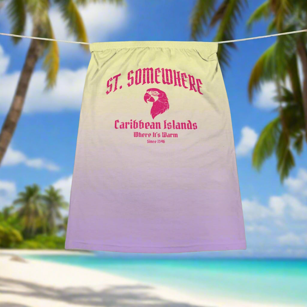 Gradient Summer Tube Top with 'St. Somewhere' and 'Caribbean Islands' parrot head logo hanging on a line in a tropical island paradise