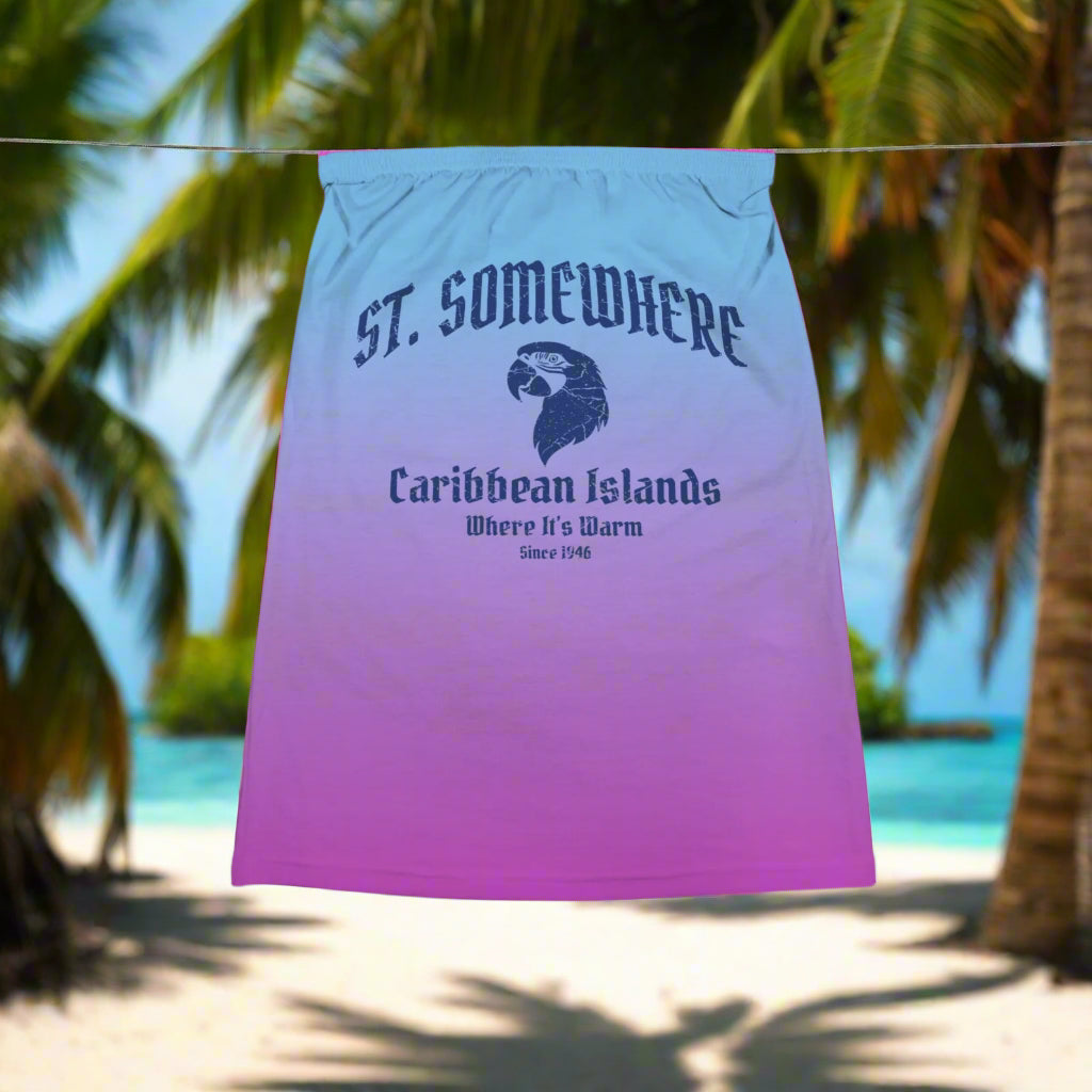 Gradient crop top tube with 'St. Somewhere' and 'Caribbean Islands' text hanging on a line outside some Caribbean island tiki hut